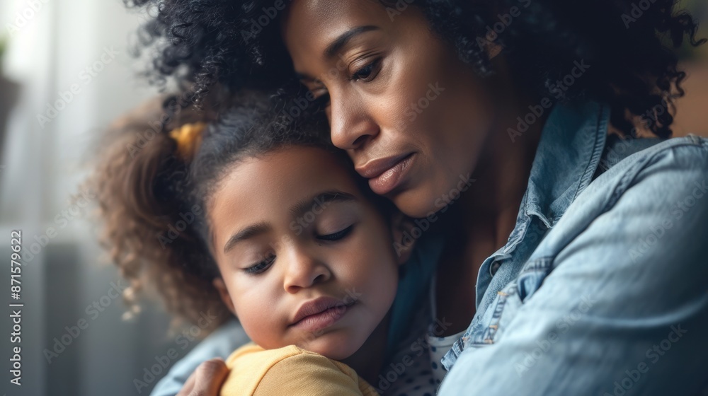 Worried Parent. Moment: Mother Embracing Her Child with Love and Comfort on a Cozy Couch Worried Parent. Moment: Mother Embracing Her Child with Love and Comfort on a Cozy Couch