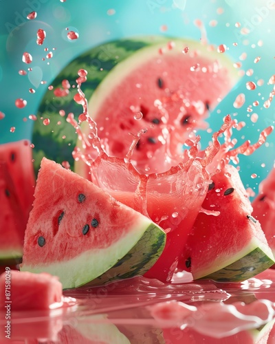 Splash of red watermelon juice with watermelon pieces, ample copy space photo