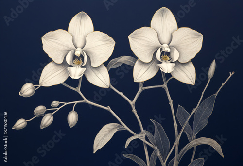 Vintage drawing of orchid on navy blue background
