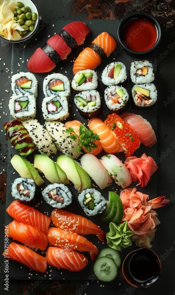 top view of a beautiful sushi platter with various types of sushi on a dark background, featuring colorful and vibrant ingredients with traditional Japanese decorations top view of a beautiful sushi platter with various types of sushi on a dark background, featuring colorful and vibrant ingredients with traditional Japanese decorations
