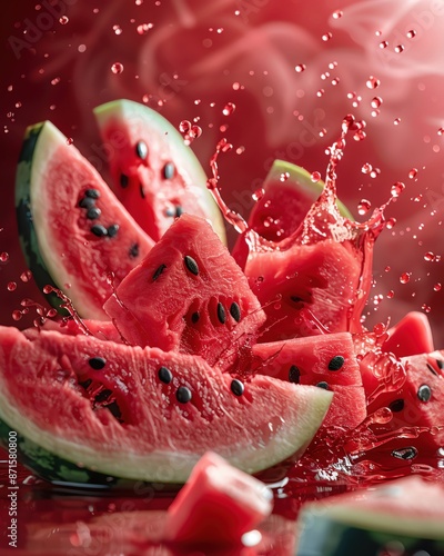 Splash of red watermelon juice with watermelon pieces, ample copy space photo