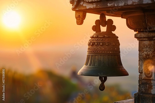 Wallpaper Mural A beautiful decorative bell hanging at a temple or shrine, glowing warmly against the backdrop of a serene sunset. Torontodigital.ca