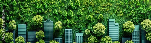 A cityscape merging with nature, showcasing sustainable urban architecture with skyscrapers surrounded by lush greenery.