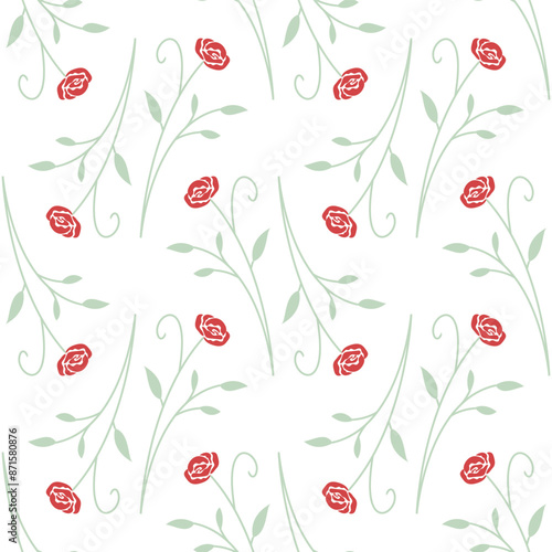 rose flower pattern with red color and green leaves, simple and attractive design, red rose flower vector image on white background smooth seamless wallpaper