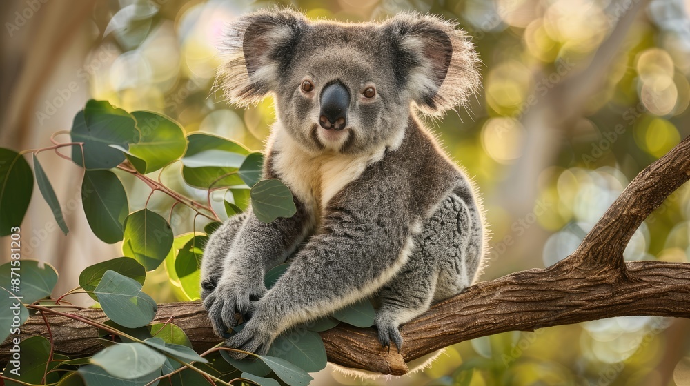 Fototapeta premium A cute koala sitting comfortably on a tree branch, surrounded by green leaves, in its natural habitat