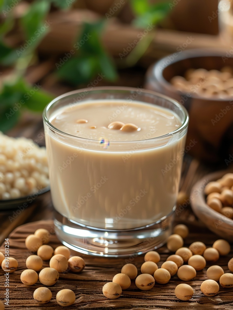 Splash of white soy milk with soybeans, ample copy space Splash of white soy milk with soybeans, ample copy space