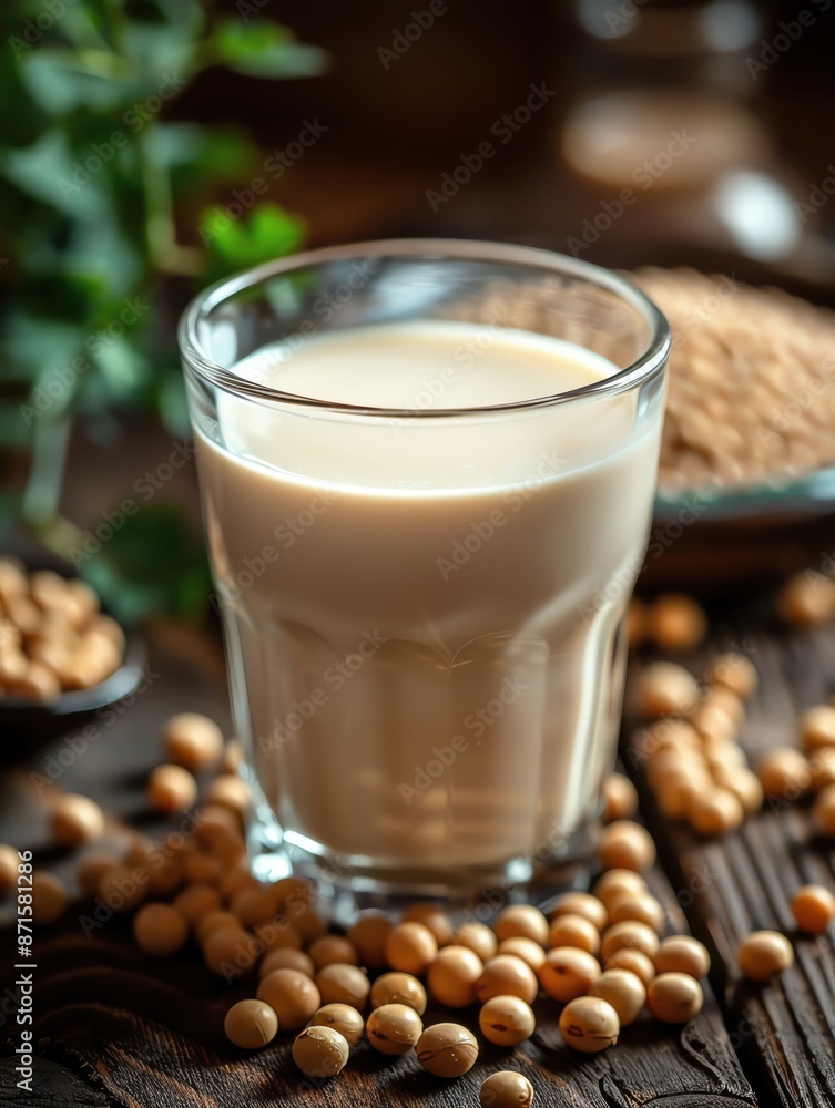 Fototapeta premium Splash of white soy milk with soybeans, ample copy space