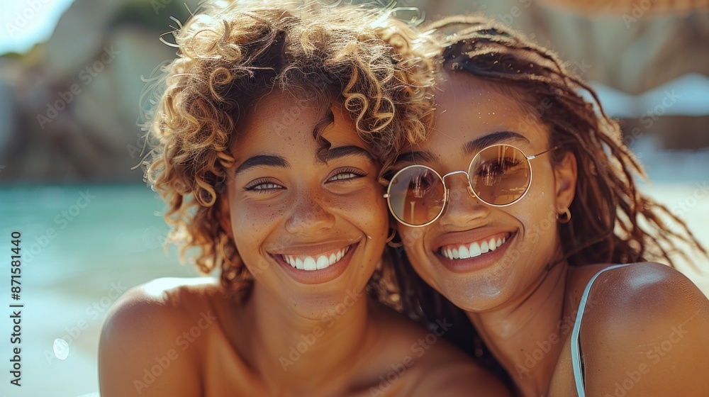 LGBTQ+ couple laughing together, close-up on their smiling faces, radiating joy LGBTQ+ couple laughing together, close-up on their smiling faces, radiating joy