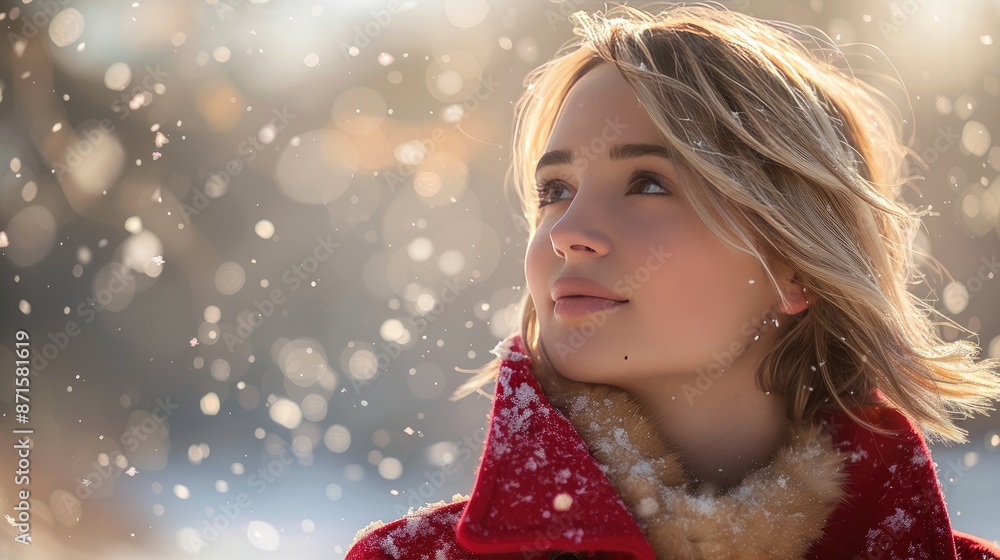 A woman in a red coat enjoying the snowfall, looking up with a soft smile, surrounded by falling snowflakes A woman in a red coat enjoying the snowfall, looking up with a soft smile, surrounded by falling snowflakes