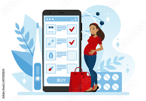 A pregnant woman buys medicines using an app on her phone. An application on a smartphone helps to manage pregnancy. Medical safety