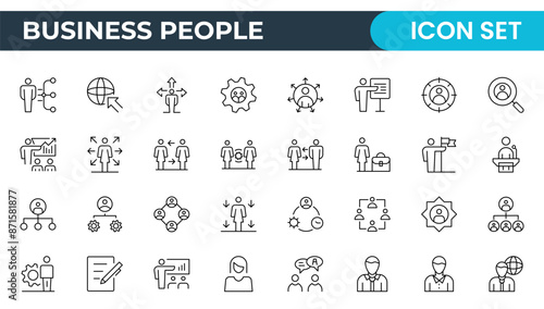 Business Outline Icon Set Collection. Business Management linear vector icon designs for web, media, and app interfaces. Business or organization management icon set. Solid icons vector collection.