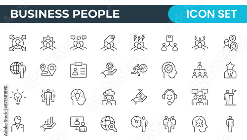 Business Outline Icon Set Collection. Business Management linear vector icon designs for web, media, and app interfaces. Business or organization management icon set. Solid icons vector collection.