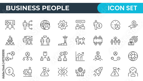 Business Outline Icon Set Collection. Business Management linear vector icon designs for web, media, and app interfaces. Business or organization management icon set. Solid icons vector collection.