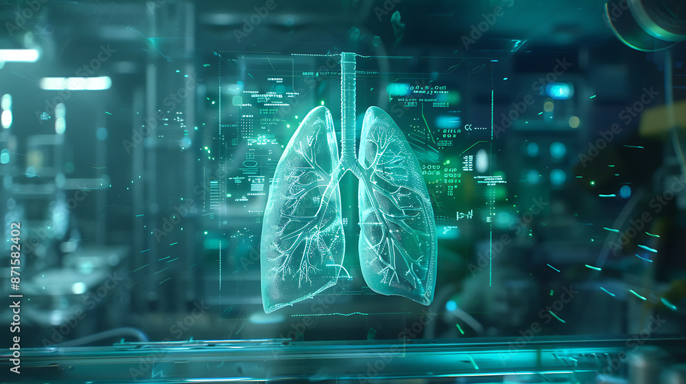 Fototapeta premium A high-tech laboratory features a holographic projection of a human lung, surrounded by advanced medical equipment.