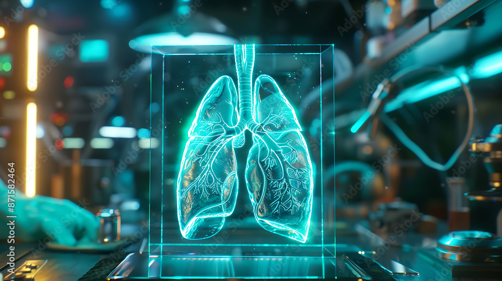 A high-tech laboratory features a holographic projection of a human lung, surrounded by advanced medical equipment. A high-tech laboratory features a holographic projection of a human lung, surrounded by advanced medical equipment.