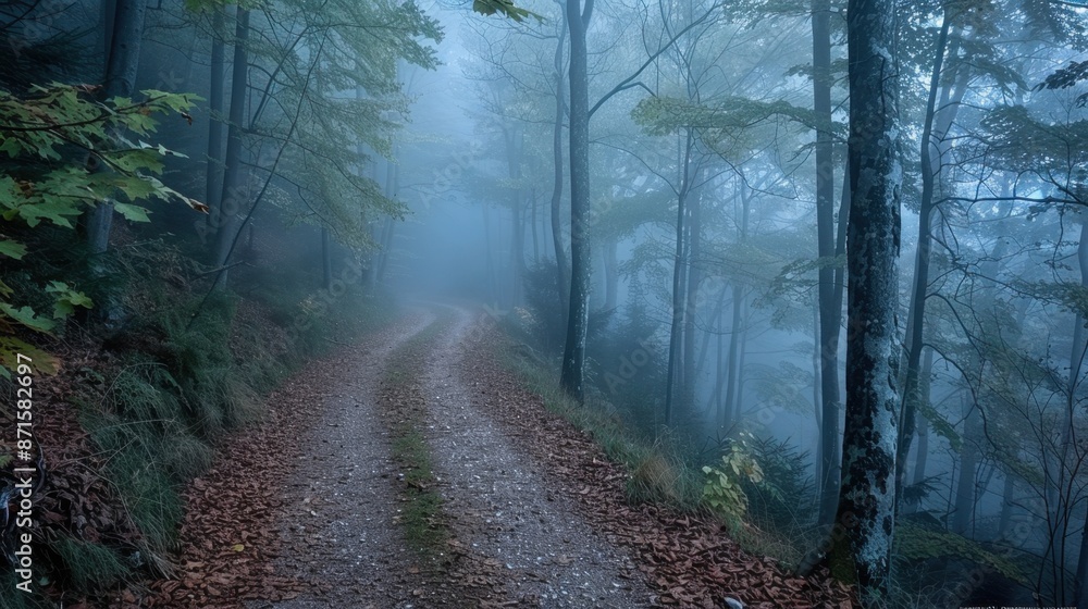 Obraz premium A foggy forest path with limited visibility, creating an enigmatic and minimal atmosphere.
