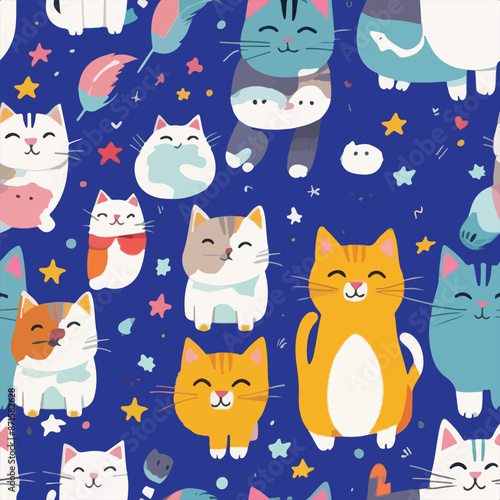 A blue and white cat pattern with many cats in it. The cats are smiling and looking happy. Seamless pattern vector illustration