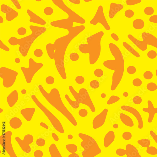 A yellow and orange tribal background with a lot of dots and lines. The background is a mix of different shapes and sizes. Seamless pattern vector illustration