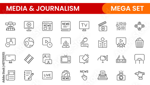 Set of thin line icons news, mass media, and fake news. Outline symbol collection. related to media, social networks, public journalism, communication, and networking. icon. Outline icon collection.