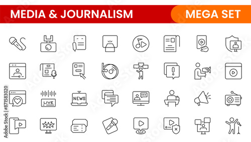 Set of thin line icons news, mass media, and fake news. Outline symbol collection. related to media, social networks, public journalism, communication, and networking. icon. Outline icon collection.