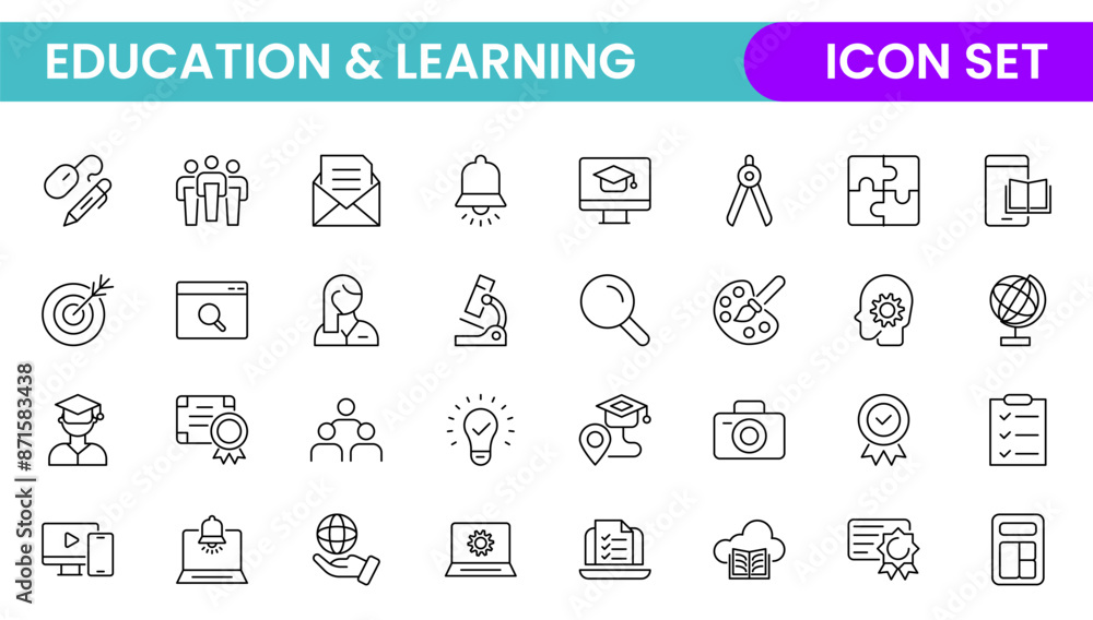 Education line icon collection. Contains knowledge, college, task list, design, training, idea, teacher, file, graduation hat, institute, ruler, and telescope. Education set of web icons in style. Education line icon collection. Contains knowledge, college, task list, design, training, idea, teacher, file, graduation hat, institute, ruler, and telescope. Education set of web icons in style.