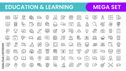 Education line icon collection. Contains knowledge, college, task list, design, training, idea, teacher, file, graduation hat, institute, ruler, and telescope. Education set of web icons in style.
