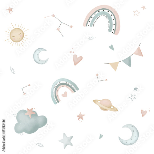 Nursery nighty cliparts for children with cute bunny. print for baby fabric, icon set, blue with peachy colors. clouds, moon, sun, galaxy. Nursery print illustration