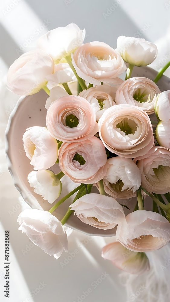 Obraz premium Bouquet pale pink ranunculus flowers light background top view close up