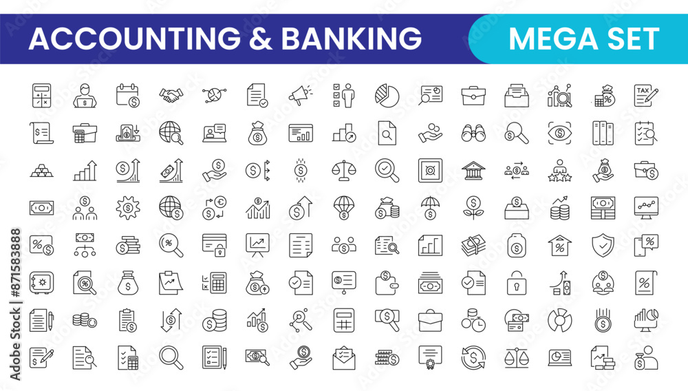 Set of line icons related to accounting, audit, and taxes. Outline icon collection. Business symbols.Income set. Containing money, tax, earnings, payment, paycheck, work, pension, and wages icons. Set of line icons related to accounting, audit, and taxes. Outline icon collection. Business symbols.Income set. Containing money, tax, earnings, payment, paycheck, work, pension, and wages icons.
