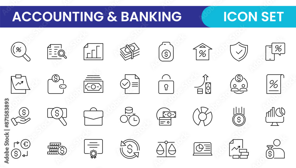Set of line icons related to accounting, audit, and taxes. Outline icon collection. Business symbols.Income set. Containing money, tax, earnings, payment, paycheck, work, pension, and wages icons. Set of line icons related to accounting, audit, and taxes. Outline icon collection. Business symbols.Income set. Containing money, tax, earnings, payment, paycheck, work, pension, and wages icons.