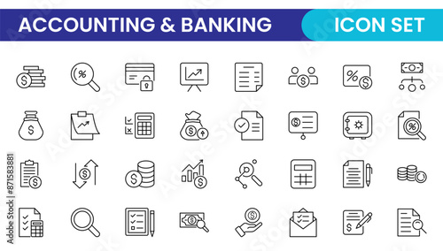 Set of line icons related to accounting, audit, and taxes. Outline icon collection. Business symbols.Income set. Containing money, tax, earnings, payment, paycheck, work, pension, and wages icons.