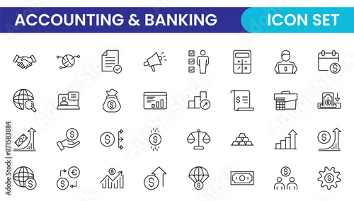 Set of line icons related to accounting, audit, and taxes. Outline icon collection. Business symbols.Income set. Containing money, tax, earnings, payment, paycheck, work, pension, and wages icons.