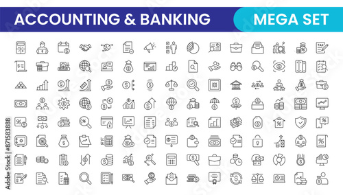 Set of line icons related to accounting, audit, and taxes. Outline icon collection. Business symbols.Income set. Containing money, tax, earnings, payment, paycheck, work, pension, and wages icons.
