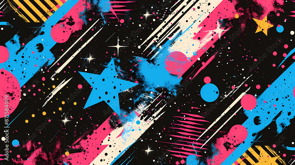Abstract retro pop art background with vibrant shapes and splashes in pink, blue, and yellow tones. Abstract retro pop art background with vibrant shapes and splashes in pink, blue, and yellow tones.
