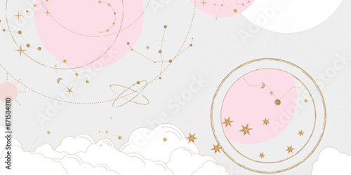 Galaxy themed wedding background vector. Beige and pink luxury card with moon, cloud, star, zodiac, cosmic, gold texture. Starry night cover design for banner, rsvp modern card, interior.