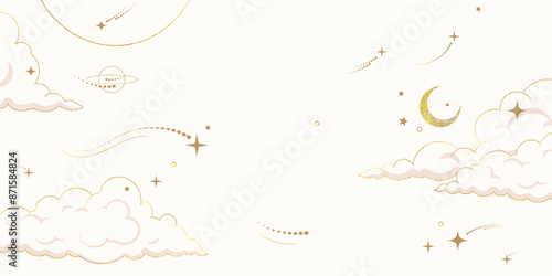 Galaxy themed wedding background vector. Beige and pink luxury card with moon, cloud, star, zodiac, cosmic, gold texture. Starry night cover design for banner, rsvp modern card, interior.