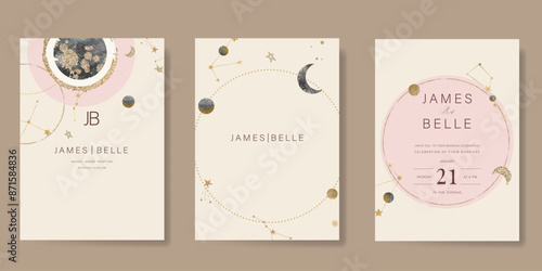 Galaxy themed wedding invitation vector template. Beige and pink luxury card with moon, cloud, star, sparkle, gold foil texture. Starry night cover design for background, greeting, rsvp modern card.