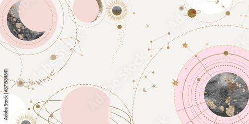 Galaxy themed wedding background vector. Beige and pink luxury card with moon, cloud, star, zodiac, cosmic, gold texture. Starry night cover design for banner, rsvp modern card, interior.