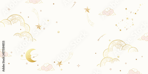 Galaxy themed wedding background vector. Beige and pink luxury card with moon, cloud, star, zodiac, cosmic, gold texture. Starry night cover design for banner, rsvp modern card, interior.