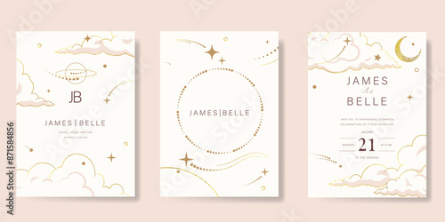Galaxy themed wedding invitation vector template. Beige and pink luxury card with moon, cloud, star, sparkle, gold foil texture. Starry night cover design for background, greeting, rsvp modern card.