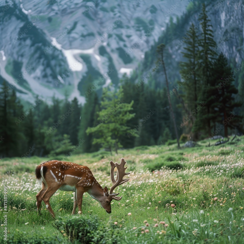 Alpine meadow with grazing deer ,isolate ,minimal, simple background Alpine meadow with grazing deer ,isolate ,minimal, simple background