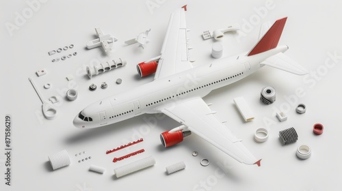 Model airplane assembly with retro design, meticulous attention to detail, isolated background, studio lighting, aircraft components displayed