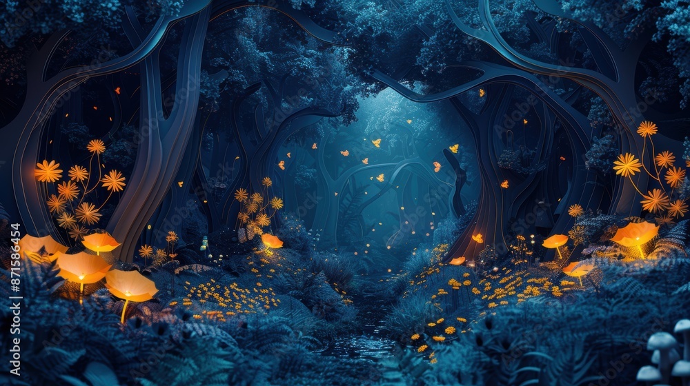 A dark, paper-cut forest with glowing elements like fireflies, mushrooms, and an enchanted stream. A dark, paper-cut forest with glowing elements like fireflies, mushrooms, and an enchanted stream.