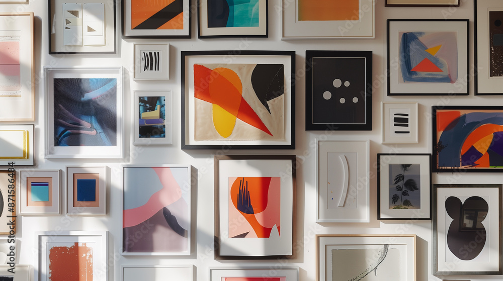 A gallery wall filled with an array of eclectic frames, each showcasing a unique abstract art piece. A gallery wall filled with an array of eclectic frames, each showcasing a unique abstract art piece.