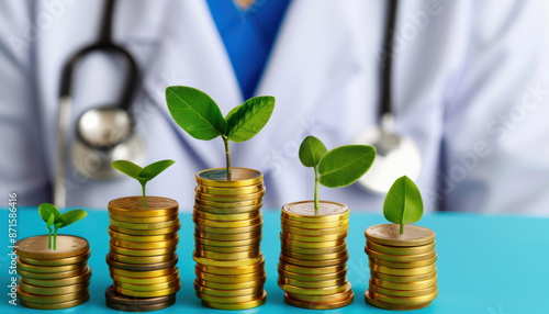 A doctor is standing behind a pile of gold coins and a plant photo