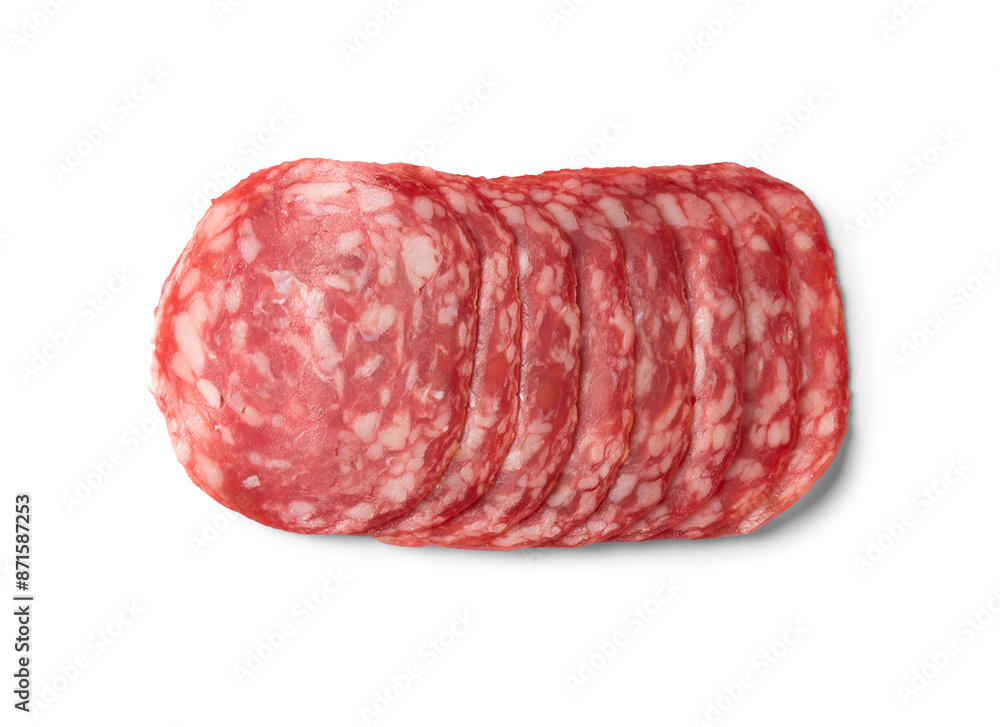 Italian prosciutto crudo or spanish jamon and sausages, Slices of spanish chorizo salami on white Italian prosciutto crudo or spanish jamon and sausages, Slices of spanish chorizo salami on white