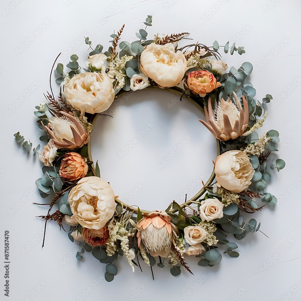 Obraz premium Round frame wreath with dried flowers beige peony protea eucalyptus branches roses on white background flat lay top view floral background