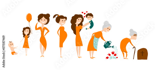 Different stages of a woman's life. Vector illustration of stages of growing up from baby to old woman. hand drawing. Not AI, vector