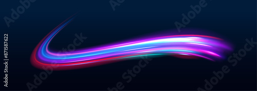Abstract energy in the form of stripe, arc, curl and zigzag in neon colors with light effect. и Acceleration speed motion on night road. Bright sparkling background.	