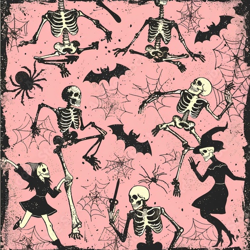 Halloween pink wallpaper design with skeletons ,spiders and wiches.Illustration generated with AI	 photo